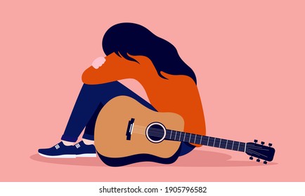 Sad girl with guitar sitting on floor - Musician writers block concept. Vector illustration.