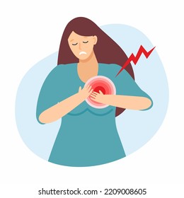 The sad girl has a heartache, severe chest pain. Vector illustration on the topic of healthcare and medicine.	
