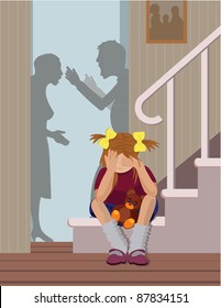 The sad girl hears that her parents row