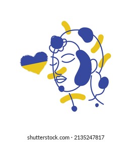 a sad girl and a heart-shaped flag of Ukraine. the concept of "stay with Ukraine". Support for Ukraine. No war. Ukraine is in the heart. Support against fighting. Stock vector illustration.
