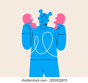 Sad girl holding broken heart. Heartbroken person. Colorful vector illustration
