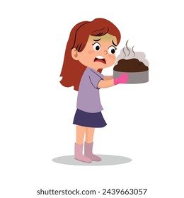 Chica triste sosteniendo un pastel quemado recién horneado vector Ilustración sobre un fondo blanco