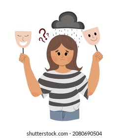 Sad Girl Holding a Happy Face Mental Health Emotions Illustration