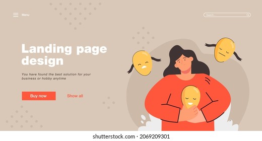 Sad girl holding mask with happy face flat vector illustration. Miserable female character hiding negative mood, changing personality Psychology, fake emotions, social conformity concept