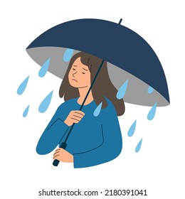 Sad girl is holding umbrella. Raindrops fall on her from inside the umbrella. Human personal problem, hopelessness and depression concept. Vector illustration in flat stile.