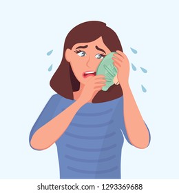 The sad girl holds a bag of ice at the sick tooth. Toothache. Vector illustration of a cartoon sick people