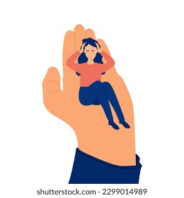 Sad girl holds her head while sitting on a large human hand. Beautiful and cute girl needs care, help and support. Young woman wants to get rid of depression and stress. Flat vector illustration