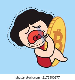 Sad Girl is Hugging Bitcoin Gold Coin. Crypto Currency Declining Stage Concept Card Character illustration
