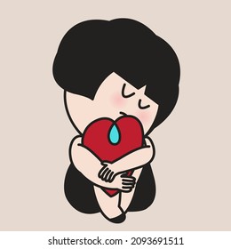 Sad Girl is Hugging Her Giant Heart With A Little Drop Of Tears In It Concept Card Character illustration