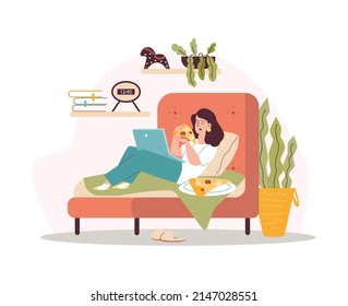 Sad girl lies on the couch and eats pizza alone in the middle of the day flat style, vector illustration isolated on white background. Home pizza concept, junk food, laptop on knees