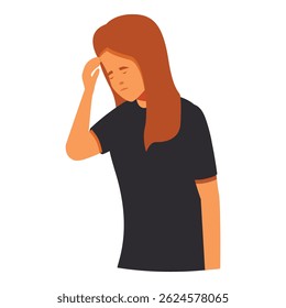 Sad girl with long red hair holding her hand to her head, experiencing a headache or migraine