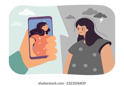 Sad girl looking at happy girl on photo vector illustration. Cartoon drawing of upset woman with low self-esteem looking at phone screen in big hand. Beauty standards, social media concept