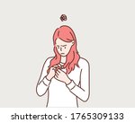 Sad girl looking at her damaged hair. Hand drawn style vector design illustrations.