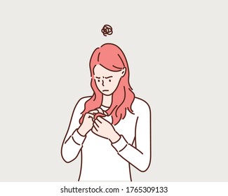 Garota triste olhando para o cabelo danificado. Ilustrações de design vetorial de estilo desenhado à mão.