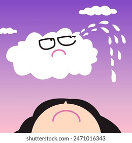 Sad Girl Looking Up To Her Imagine Crying Cloud With Stream Falling Tears On Blue Sky Concept Card Character illustration