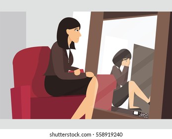Sad girl looking at mirror flat illustration