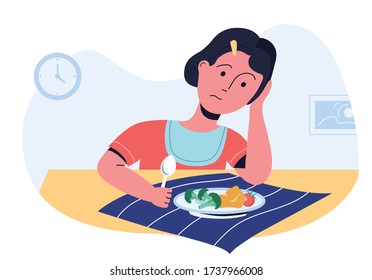 Sad Girl Looking On Her Plate With Vegetables And Refusing To Try. Picky Eater And Bad Appetite. Parenting Challenges.