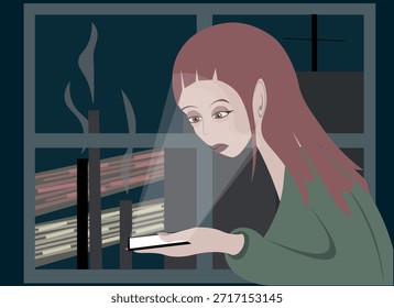 Sad Girl Looking at Phone Screen, Flat Vector Illustration