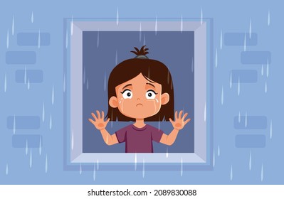 Muchacha triste mirando la lluvia desde su caricatura vectorial de la ventana. Niños llorando sintiéndose solos e infelices en casa sin poder jugar afuera debido al clima lluvioso
