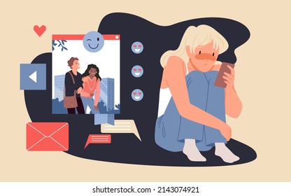 Muchacha triste mirando la vida real y divertida de los amigos en la pantalla de los teléfonos móviles. Depresión, estrés y soledad de la ilustración vectorial plana de carácter femenino. Presión de los medios sociales, concepto de problemas