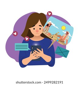 Sad girl looking at real fun life of friends on screen of mobile phone. Depression, stress and loneliness of female character flat vector illustration. Pressure of social media, problem concept