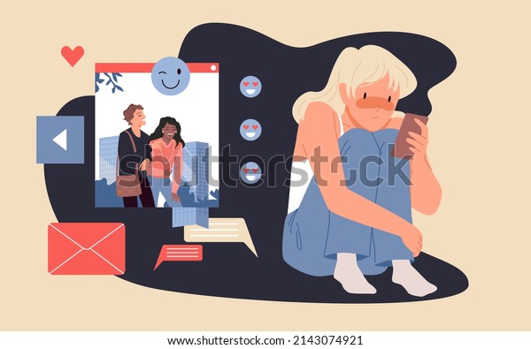 Sad girl looking at real fun life of friends on\
screen of mobile phone. Depression, stress and loneliness of female\
character flat vector illustration. Pressure of social media,\
problem concept