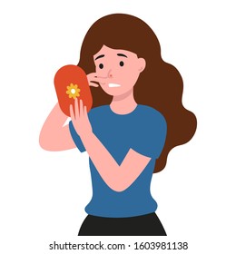 Sad Girl Looks In The Mirror At A Big Pimple On The Face. Flat Vector Cartoon Illustration.