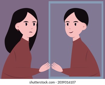 A Sad Girl Looks In The Mirror And Sees A Happy Boy There. Difficulties Of Self-determination In Adolescents. Non-binary, Genderqueer Or Genderfluid. A Transgender Teenager Is Looking For His Identity