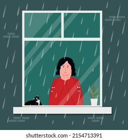 A sad girl looks at the rain from her window.  Rainy weather does not allow her to walk. Vector illustration.