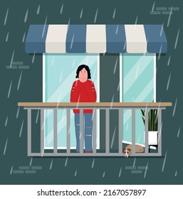 A sad girl looks at the rain from her balcony.  Rainy weather does not allow her to walk. Vector illustration.