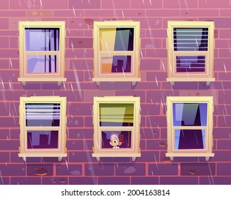 Triste chica mira por la ventana cuando llueve afuera. Fachada de edificio con paredes de ladrillo y ventanas de cristal cerradas con cortinas y ciegas. Dibujo vectorial de la fachada de la casa y del niño dentro del apartamento