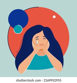 A sad girl with loose hair sits and cries. A teenage girl is leaning on her hands and crying. Apathy and depression is a concept. Flat illustration on colorful background.
