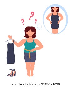 Sad girl measures the size of the waist and holds a tight dress in her hand. There are high-heeled sandals nearby. Plump young woman presents herself in a new dress. Vector illustration in flat style
