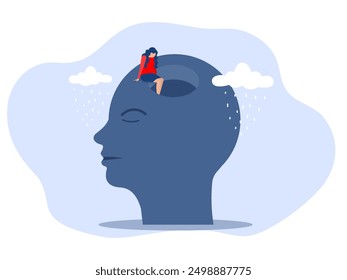 Sad girl Mental health concept,Depressed woman sits on the edge of dark hole and sees no prospects on head human Depressed person Vector illustration