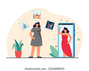 Sad girl with messy hair jealous of models vector illustration. Pretty photos with face filters creating unrealistic beauty standards for women. Harm of filters, social media concept