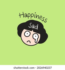 Sad Girl In The Middle Of Big Happiness In Green Background Concept Card Character illustration