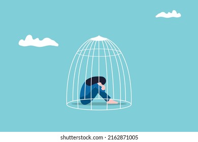 Sad girl needs psychological help. Social isolation concept. Female empowerment movement. Violence in family. woman locked in cage.