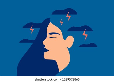 Sad girl with nervous problems feels anxiety and tension. Young woman has chronic fatigue, stress and confusion of thoughts. Vector flat illustration