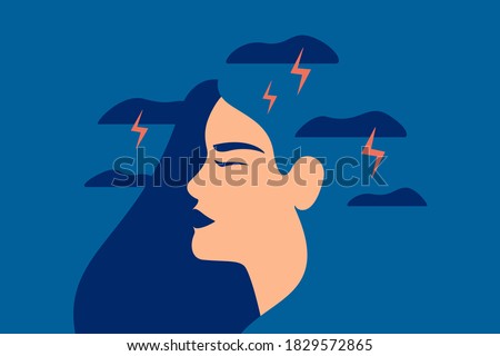 Sad girl with nervous problems feels anxiety and tension. Young woman has chronic fatigue, stress and confusion of thoughts. Vector flat illustration