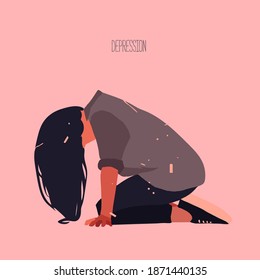 The sad girl is on her knees, the concept of mental illness, depression, negative emotion, hand drawn graphic, flat vector illustration