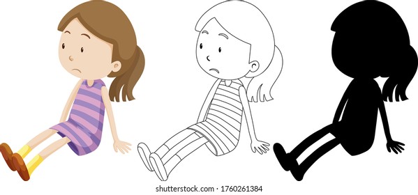 Sad Girl With Its Outline And Silhouette Illustration