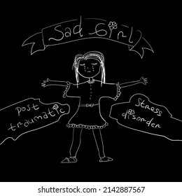 sad girl with post traumatic stress disorder text doodle style isolated in black vector design element