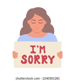 The Sad Girl with the Poster I'm sorry. vector illustration