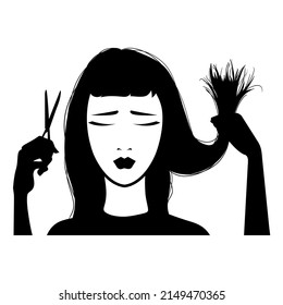 Sad girl with problem of split ends, silhouette illustration, black and white vector image