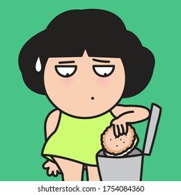 Sad Girl Putting Sweet Biscuits Into A Trash Bin. Woman Refusing To Eat High Fat Food. Diet Concept Card Character illustration