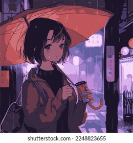 Sad girl in the rain with umbrella