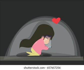Sad girl reading a bad message. Vector illustration.