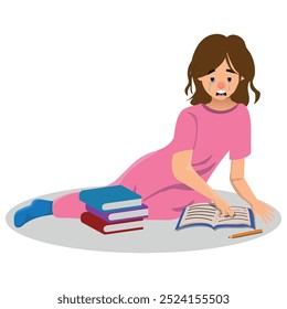 Niña triste leyendo un libro, el niño no quiere estudiar y llora. Niña tiene dudas sobre sus estudios. Ilustración vectorial.