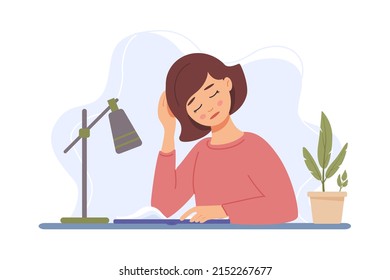 Sad girl is reading book. Woman is sitting at table next lamp and flower. Literature, reading, book lover, library, bibliophile, education concept. Rest, leisure, free time. Vector illustration 