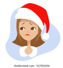 Sad girl in the red hat of Santa Claus. Vector character illustration. Sadness Christmas avatar woman face. Beautiful girl face with depression emotion.